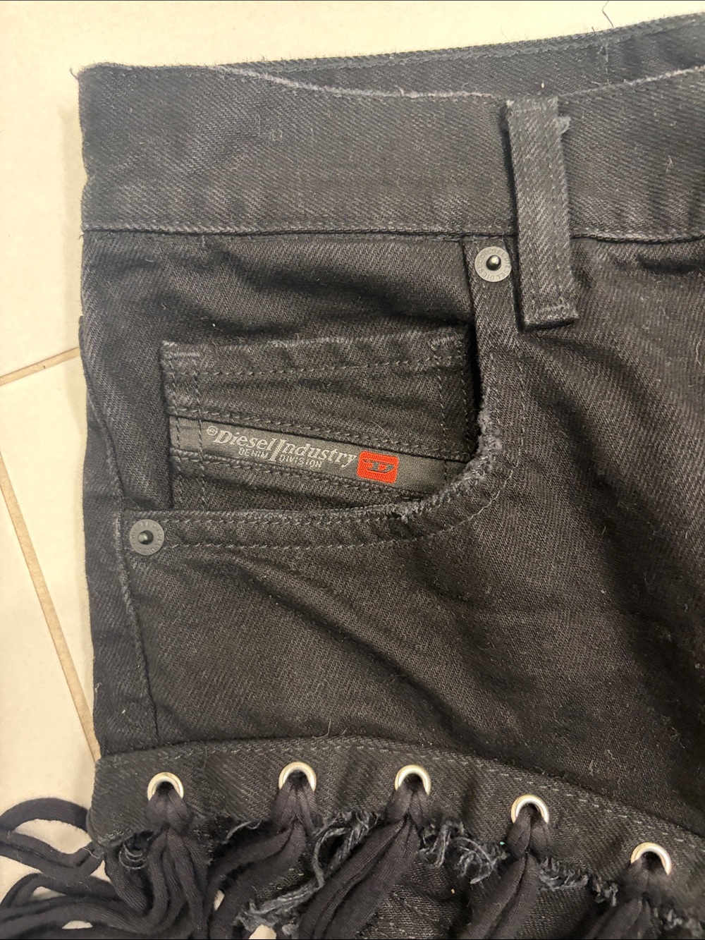 Diesel Black Fringe High-Waist Denim Shorts - Picture 2 of 4